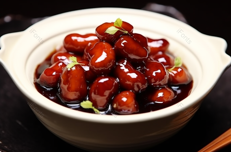 红色板栗红烧肉酱料酱油白色陶瓷碗午餐黑色背景,高清,摄影图,摄影图片,图片大全,摄影图免费下载